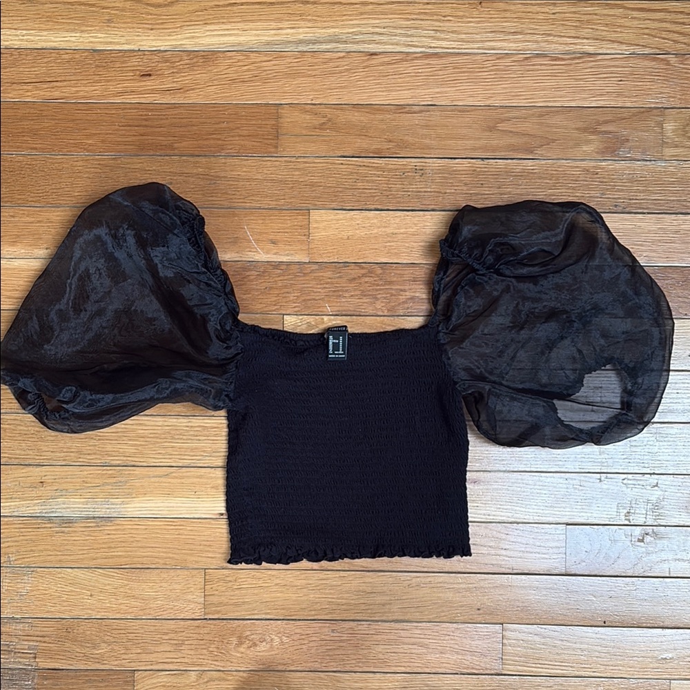 Forever 21 Black Puff Sleeve Fitted Blouse